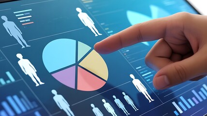 Person's finger points to a pie chart on a digital screen displaying data and human figures.