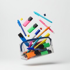 Colorful Pens and Highlighters Levitating Out of a Clear Pencil Case on White Background