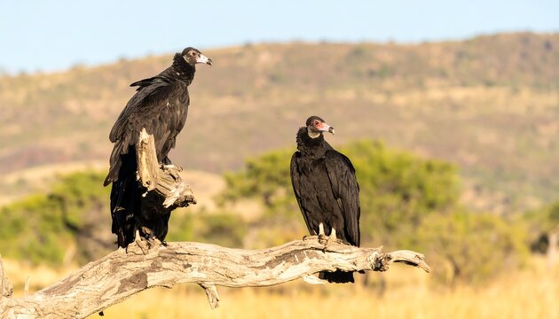 Two black vultures perched on a weathered branch.