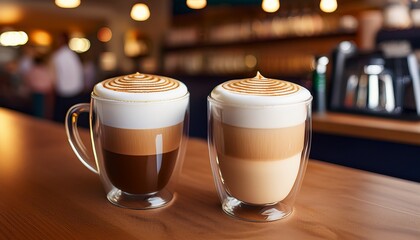 two delicious creamy coffees standing on a wooden bar counter in a coffee shop