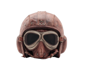 Aged brown leather aviator helmet with goggles