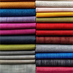 Colorful fabric swatches stacked, studio shot, textile samples, interior design