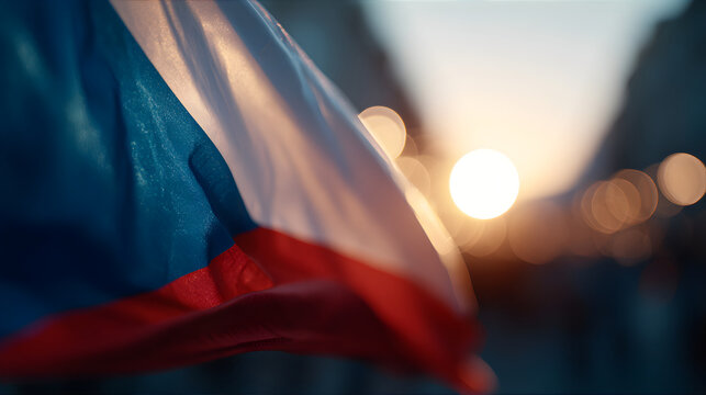Close up of a Czech flag waving in the wind with a bright sun and bokeh lights in the background. Patriotism concept.