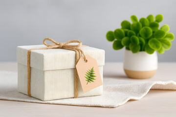 Gift of Nature's Embrace: A beautifully crafted gift box, adorned with natural twine and a fern-decorated tag, sits alongside a vibrant potted plant, exuding the charm of eco-friendly giving.