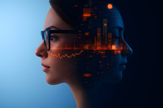 Visionary Analysis: A woman gazes thoughtfully into the digital future, with subtle overlay of financial graphs and an urban skyline.