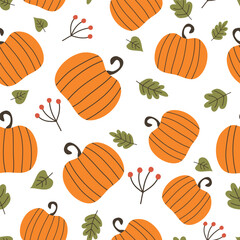 Pumpkin seamless pattern. Autumn pattern with pumpkins and fall leaves. Vector illustration. It can be used for wallpapers, wrapping, cards, patterns for clothes and other. 