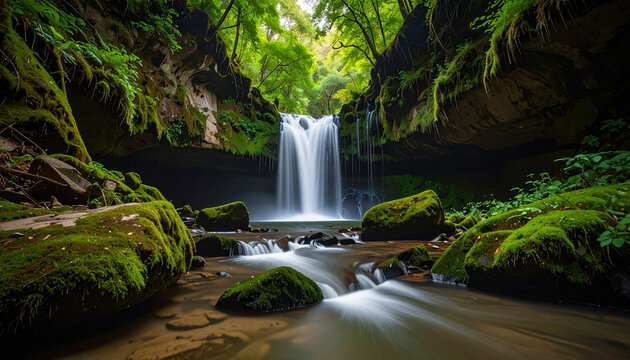 Tranquil forest scene featuring small waterfall cascading into clear stream surrounded by lush green moss covered rocks and vibrant foliage, creating peaceful and natural atmosphere