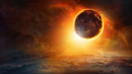 Dramatic solar eclipse showing the sun’s dark disk surrounded by a glowing white corona, with a faint twilight over a distant landscape of trees and hills, viewed safely with proper eye protection