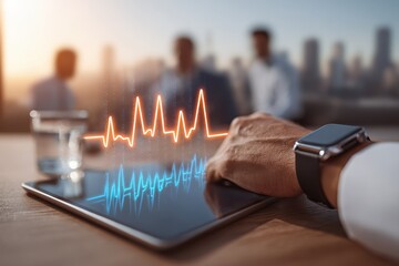 Analyzing business data with an innovative digital dashboard displayed on tablet screen and smart watch with executive team in the background during meeting