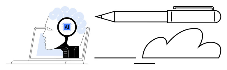 Human head with AI chip inside, next to pen and cloud. Ideal for automation, innovation, technology, artificial intelligence, creativity, digital writing cloud computing. Simple flat metaphor