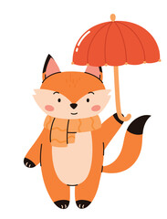 Cute fox in a scarf holds an umbrella. Flat vector illustration.