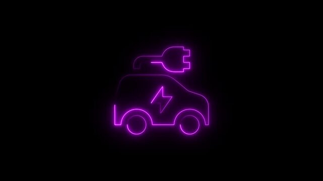 Purple Neon Electric Car Icon animation, car 4k video motion with Plug and Lightning Bolt