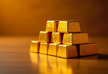 Generative AI image of gold bars stacked in pyramid formation on a wooden surface