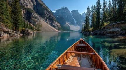 Wooden rowboat sits on pristine, turquoise water of Moraine Lake with rocky mountains and evergreen trees during a clear day