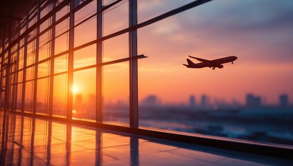 Airplane taking off over city at sunset through airport windows