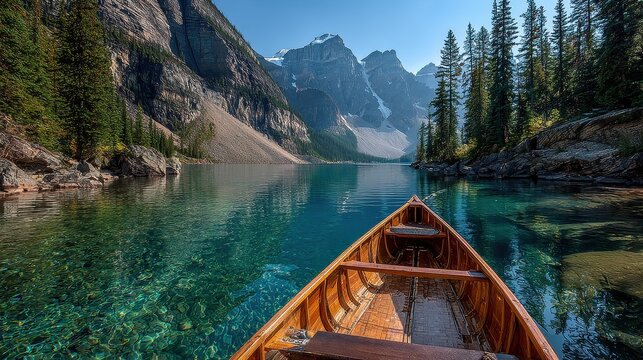 Wooden rowboat sits on pristine, turquoise water of Moraine Lake with rocky mountains and evergreen trees during a clear day