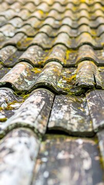 Aged terracotta roof tiles covered in moss