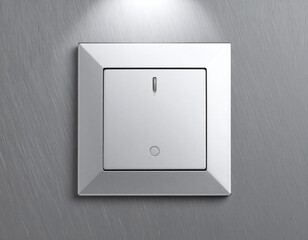 A sleek, square silver light switch with a single vertical toggle and a subtle circular indicator is mounted on a textured, brushed metal wall. The clean design and metallic finish convey a modern and