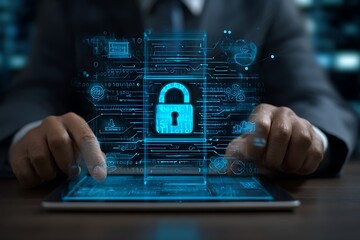 Businessman using tablet with holographic digital security interface