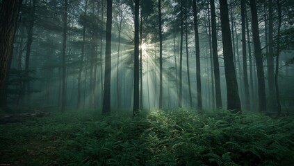 Naklejka premium Sunlight Streaming Through a Dense Forest A Serene Natural Landscape