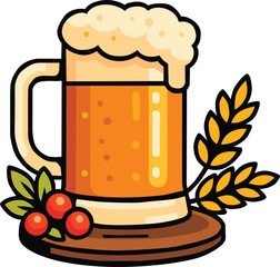 Beer mug with frothy foam, barley ear, and berries on wooden coaster, traditional Oktoberfest drink concept perfect for festival, brewery, pub, bar, party, and German seasonal celebration themes