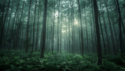 Fototapeta premium Misty Forest Path Bathed in Sunbeams A Serene Natural Landscape
