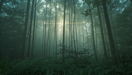 Obraz premium Enigmatic Fog-Shrouded Forest Sunbeams Piercing the Mist