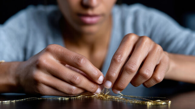 An individual skillfully creates intricate jewelry, showcasing a moment of creativity, concentration, and the pursuit of beauty in a deeply personal and artistic process.