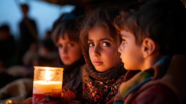 Young refugees holding a candle in a camp at night