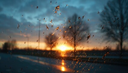 Sunset through a rain-streaked window