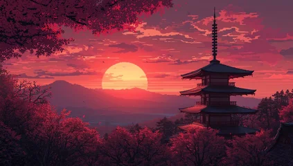 Wandcirkels Paars Serene Japanese landscape with a traditional pagoda and cherry blossoms during a vibrant red sunset over the mountains.  © Rani