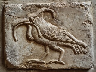 Ancient Egyptian Winged Falcon on Papyrus in a Rectangular Panel with Hieroglyphic Border