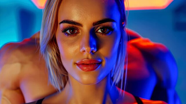 Modern-day muse: A stunning portrait of a captivating woman with a hint of allure, illuminated by dramatic neon lights. The backdrop hints at a deeper connection.