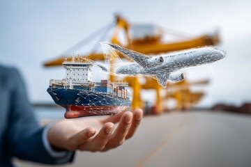 Businessman holding holographic cargo ship and airplane with containers in front of port cranes, symbolizing global trade, freight logistics, and digital transformation