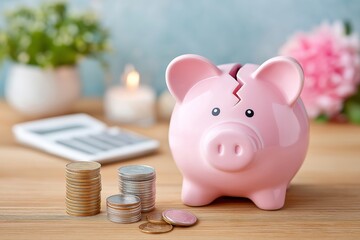 Pink piggy bank with a crack on top beside stacked coins and calculator, symbolizing financial insecurity, savings loss, and economic instability