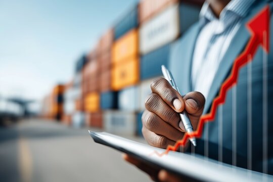 Businessman analyzing trade growth data near cargo containers, symbolizing logistics success, freight expansion and global shipping performance