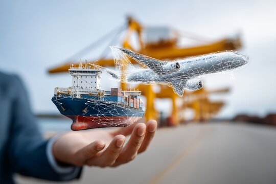Businessman holding holographic cargo ship and airplane with containers in front of port cranes, symbolizing global trade, freight logistics, and digital transformation