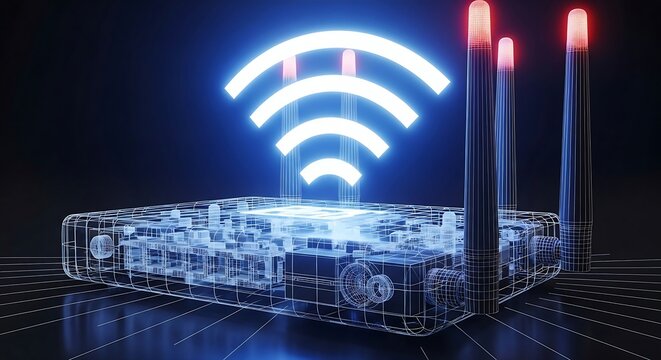 Futuristic transparent router emitting a glowing blue wifi signal with antennas