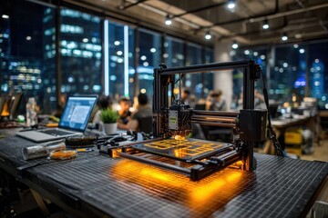 Close-up of a 3D printer operating in a modern office setting with city view, featuring illuminated design patterns and a laptop workstation.
