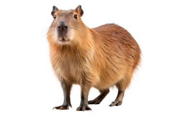 A cute capybara, the worlds largest rodent, standing and looking at the camera, isolated on transparent background