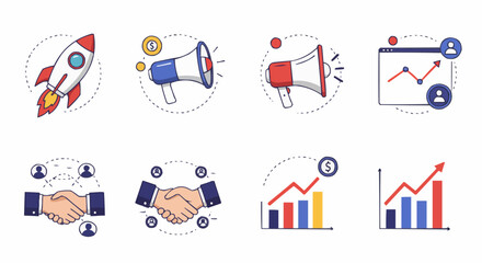 Fototapeta premium Vector icons of business growth, communication, and analytics 