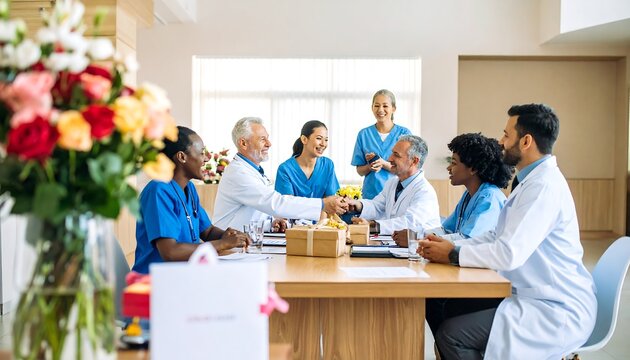 A group of diverse medical professionals are gathered around a table, engaged in a friendly meeting, likely celebrating an occasion, while exchanging pleasantries and gifts.