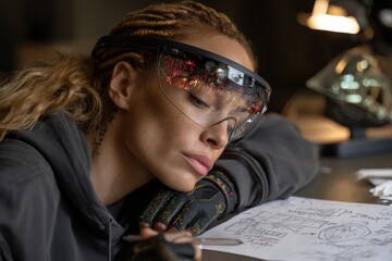 Young woman wearing futuristic augmented reality glasses, resting her head on a table filled with sketches and design schematics, immersed in the creative process.