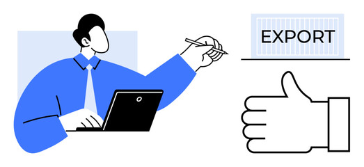 Businessperson analyzing export strategy using laptop, writing notes, container marked EXPORT, and thumbs-up icon. Ideal for trade, logistics, strategy, teamwork, approval innovation simple landing
