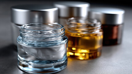 A stunning display of various skincare jars, showcasing their unique designs and colors, perfectly arranged to highlight the beauty of cosmetic products for beauty enthusiasts.