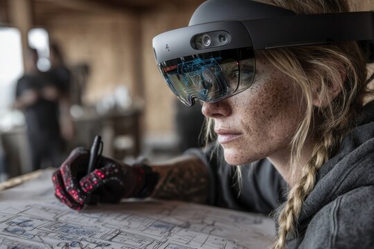 A young woman architect wearing augmented reality headset over blueprint, holding pen with tech gloves, working on architectural design in a studio.