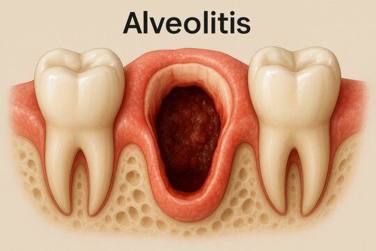 Alveolitis, or dry socket, occurs when dislodging or dissolving of a blood clot after tooth extraction exposes bone and nerves, causing significant pain