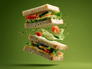 Vegan sandwich with fresh vegetables floating in mid-air, green background