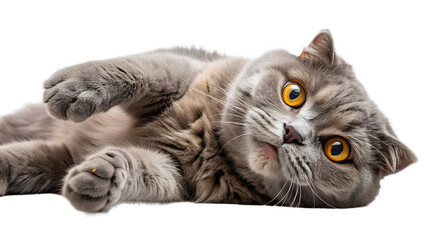 Cute grey tabby scottish fold cat lying on its back, isolated on transparent background