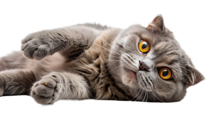 Cute grey tabby scottish fold cat lying on its back, isolated on transparent background